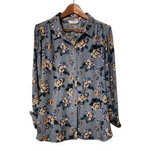 LC Lauren Conrad Button Down Long Sleeve Blouse Woman's XXL Floral Blue Flowy